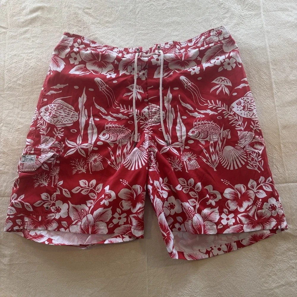 Polo Ralph Lauren Mens 2XB Red Tropical Fish Hibiscus Floral Lined Swim Trunks